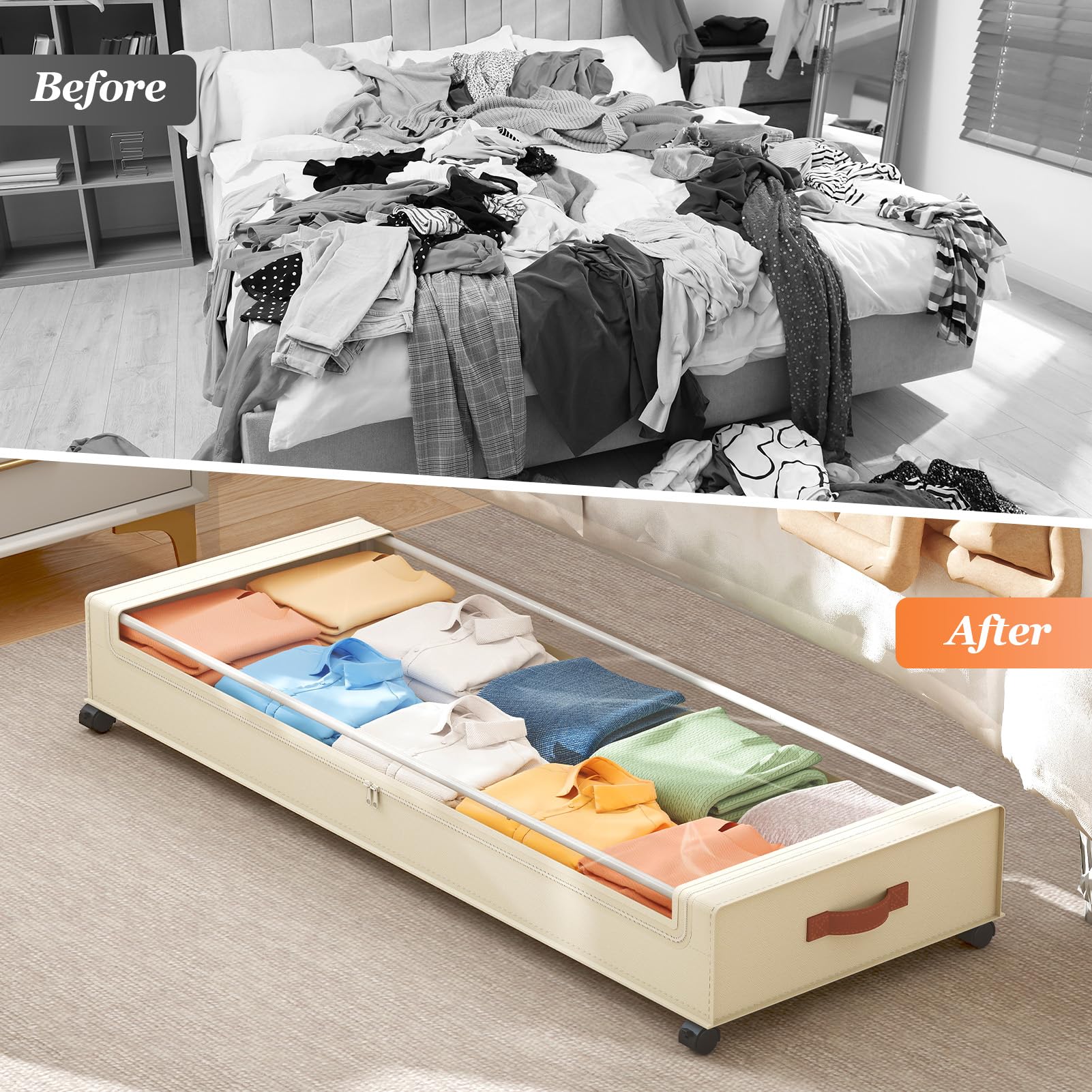 Yecaye beige under-bed storage blends with bedroom decor.