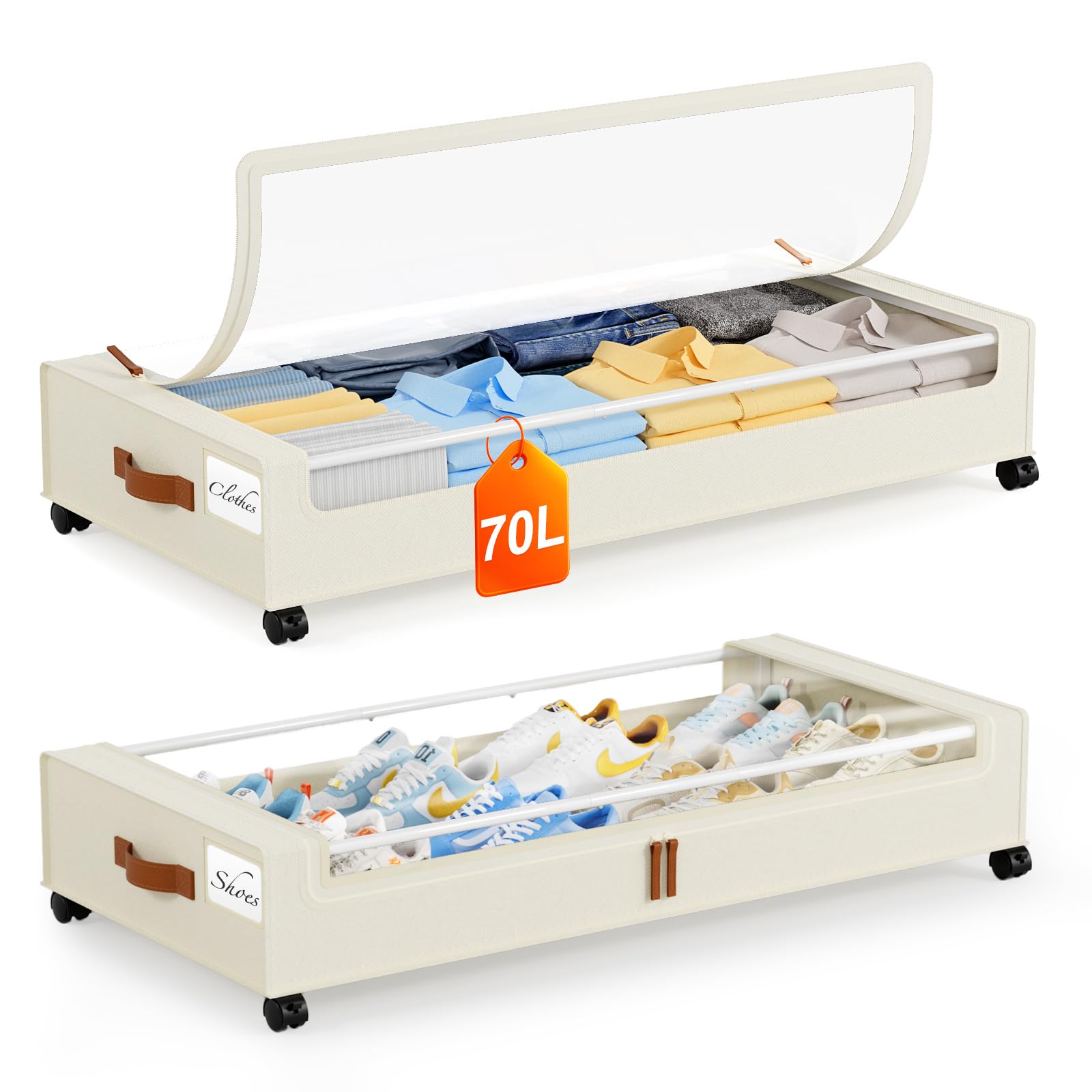 Yecaye under-bed storage with wheels 2-pack front view for easy access and organization