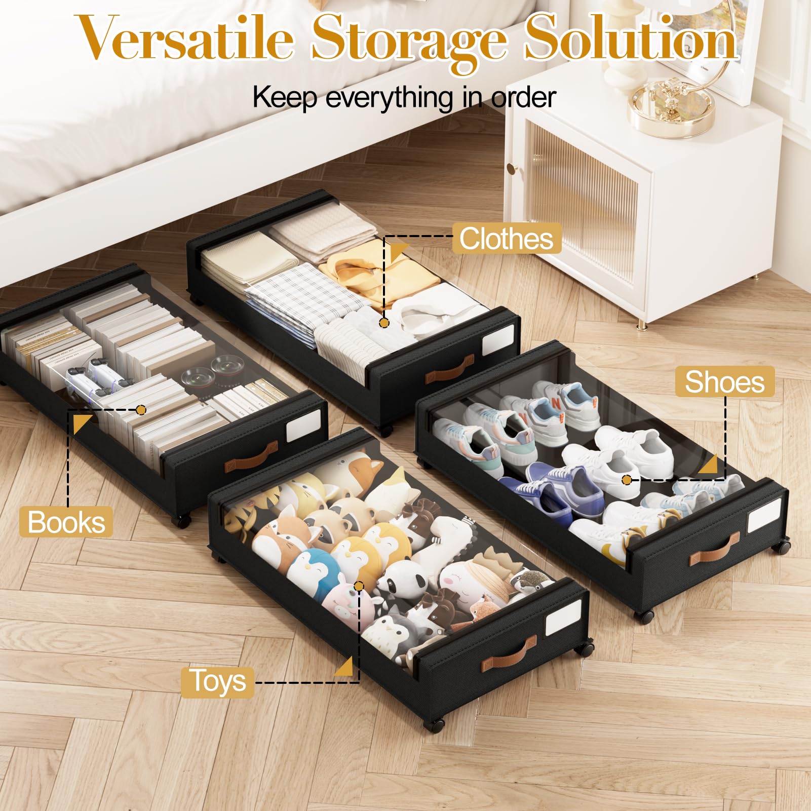 Yecaye under bed storage with wheels, labeled surfaces for quick organization.