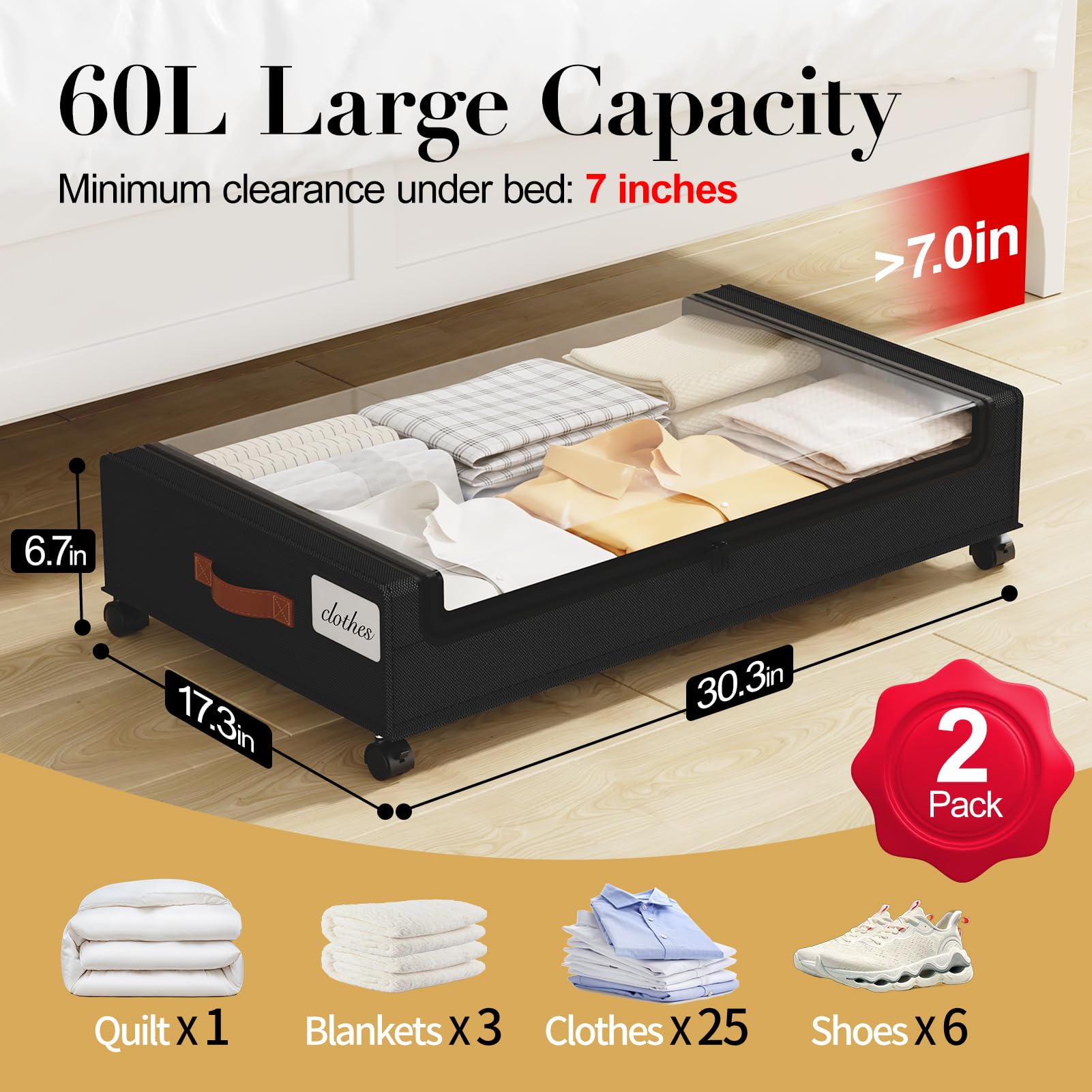 Yecaye under bed storage with wheels, lid open for easy access to blankets.