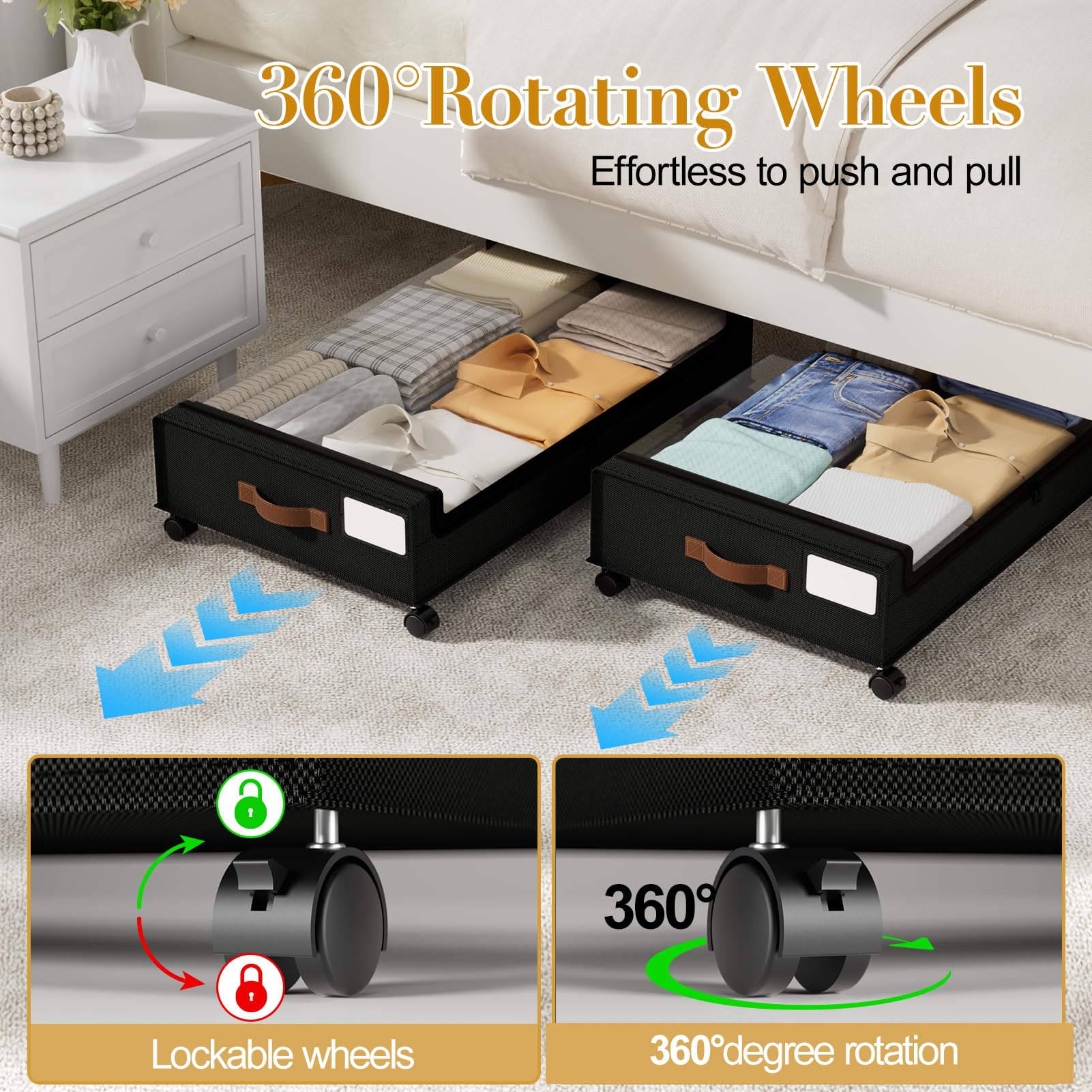 Yecaye under bed storage with wheels, four wheels for smooth movement.