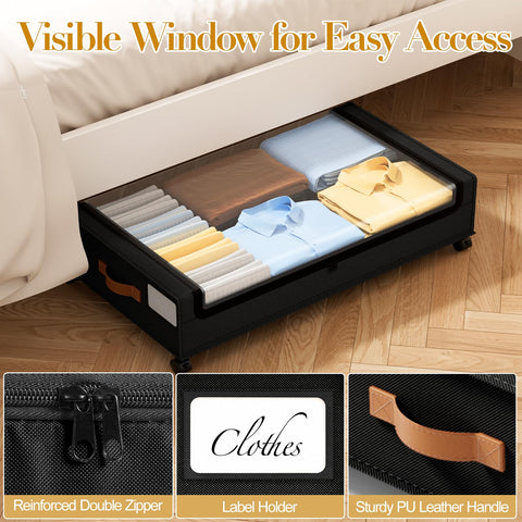 Yecaye under bed storage with wheels, slim profile fitting under bed spaces.