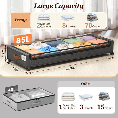 Yecaye 85L under-bed storage with 360-degree wheels for easy sliding.