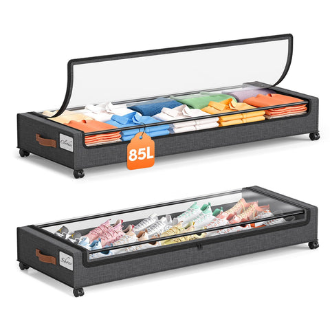 Yecaye 85L under-bed storage with clear lid for quick content checks.