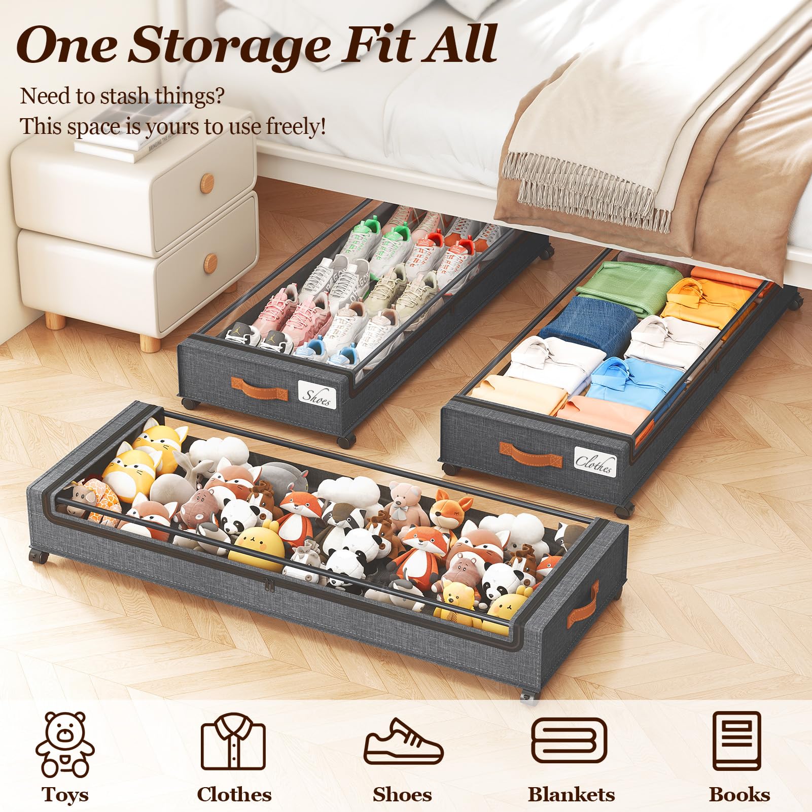 Yecaye easy-assembly under-bed storage arrives ready to use.