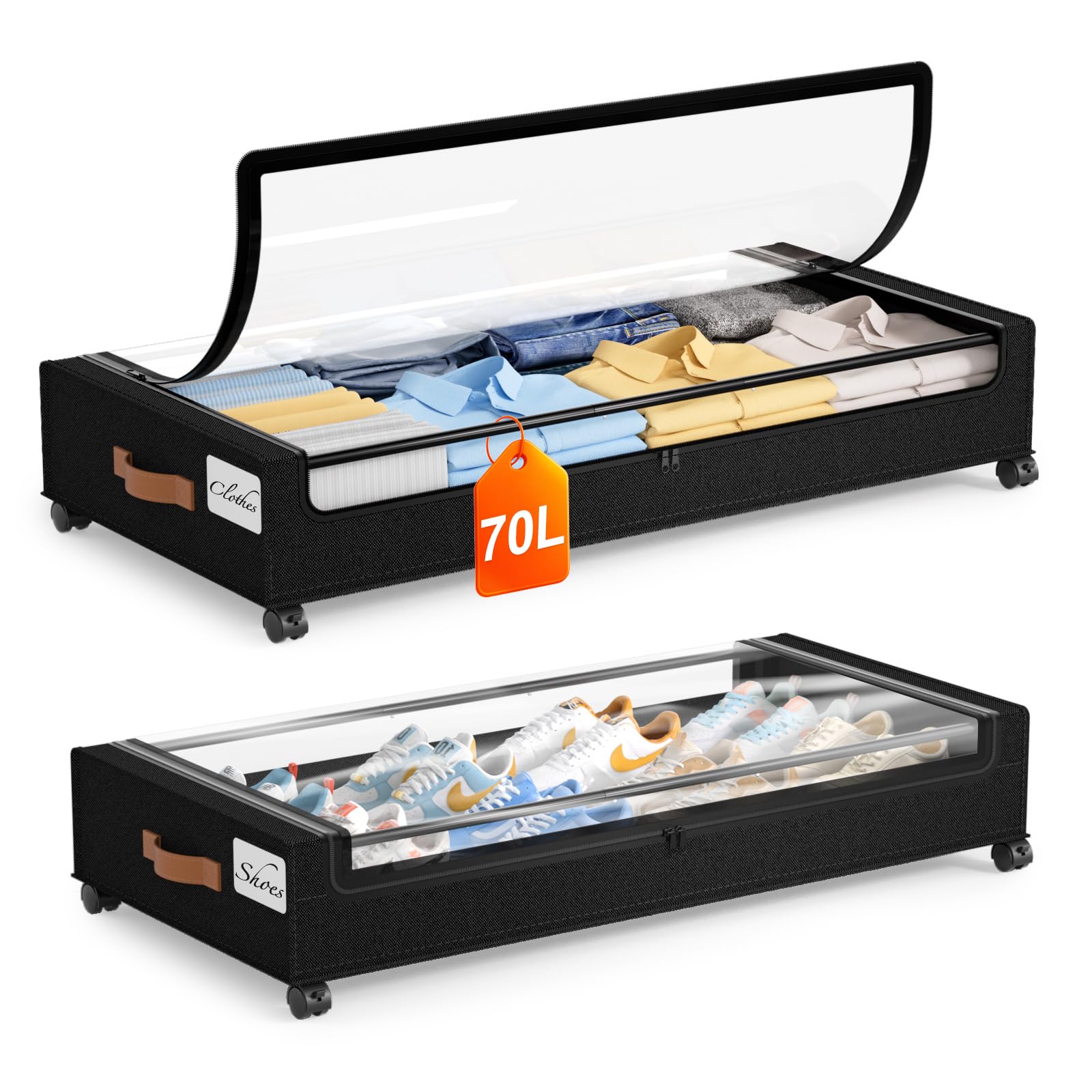 Yecaye under bed storage with wheels shown for easy rollout under the bed.