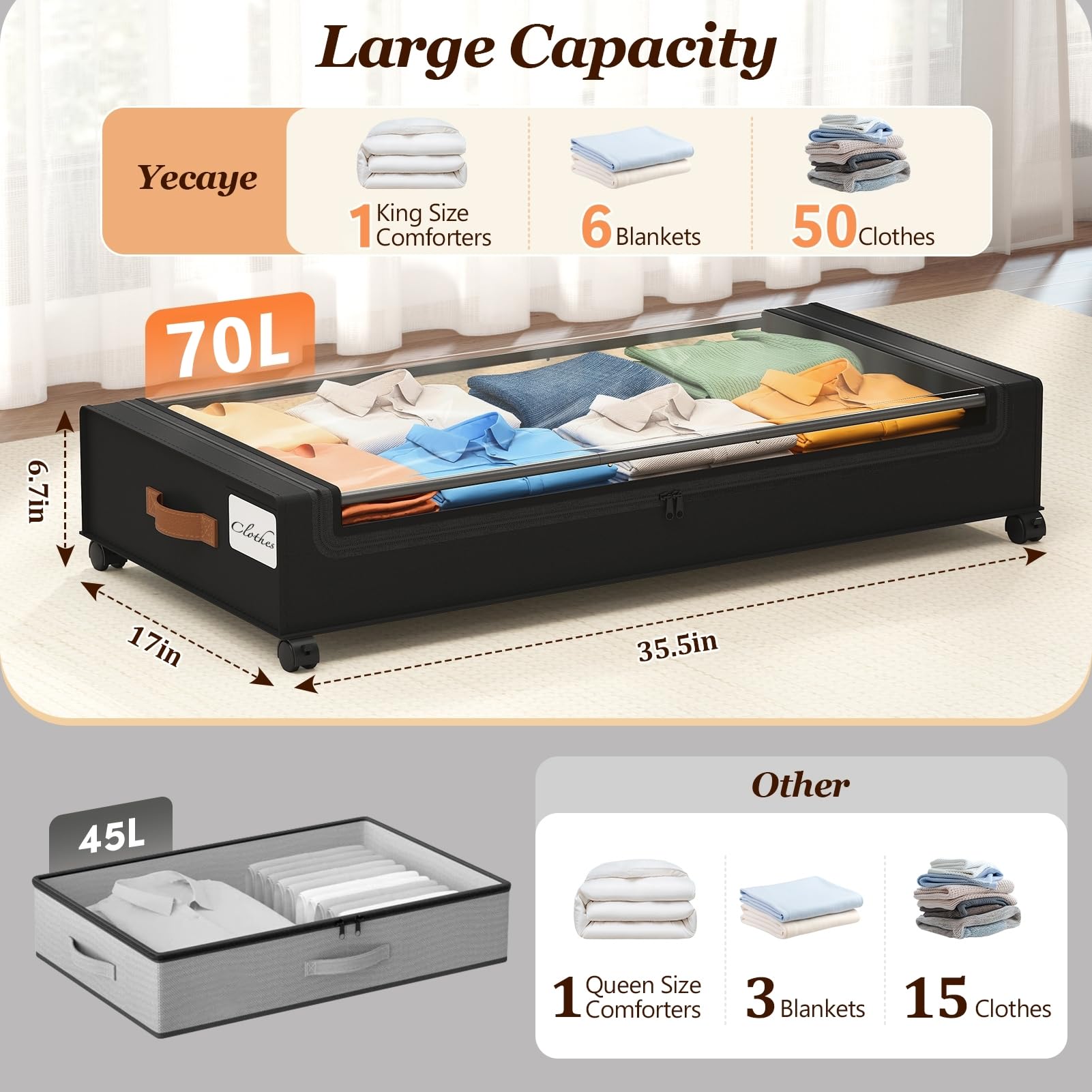 Yecaye 70L capacity under-bed storage keeps clothes and shoes neatly organized.