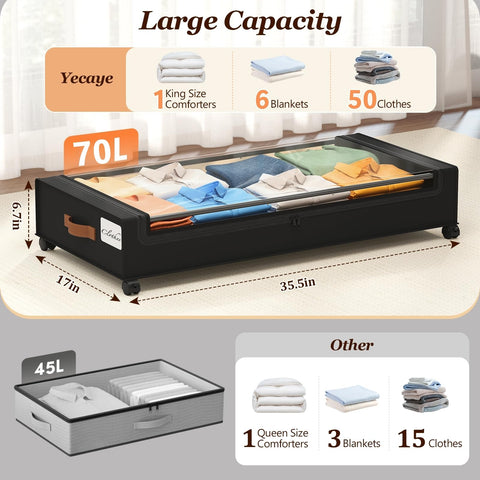 Yecaye 70L capacity under-bed storage keeps clothes and shoes neatly organized.