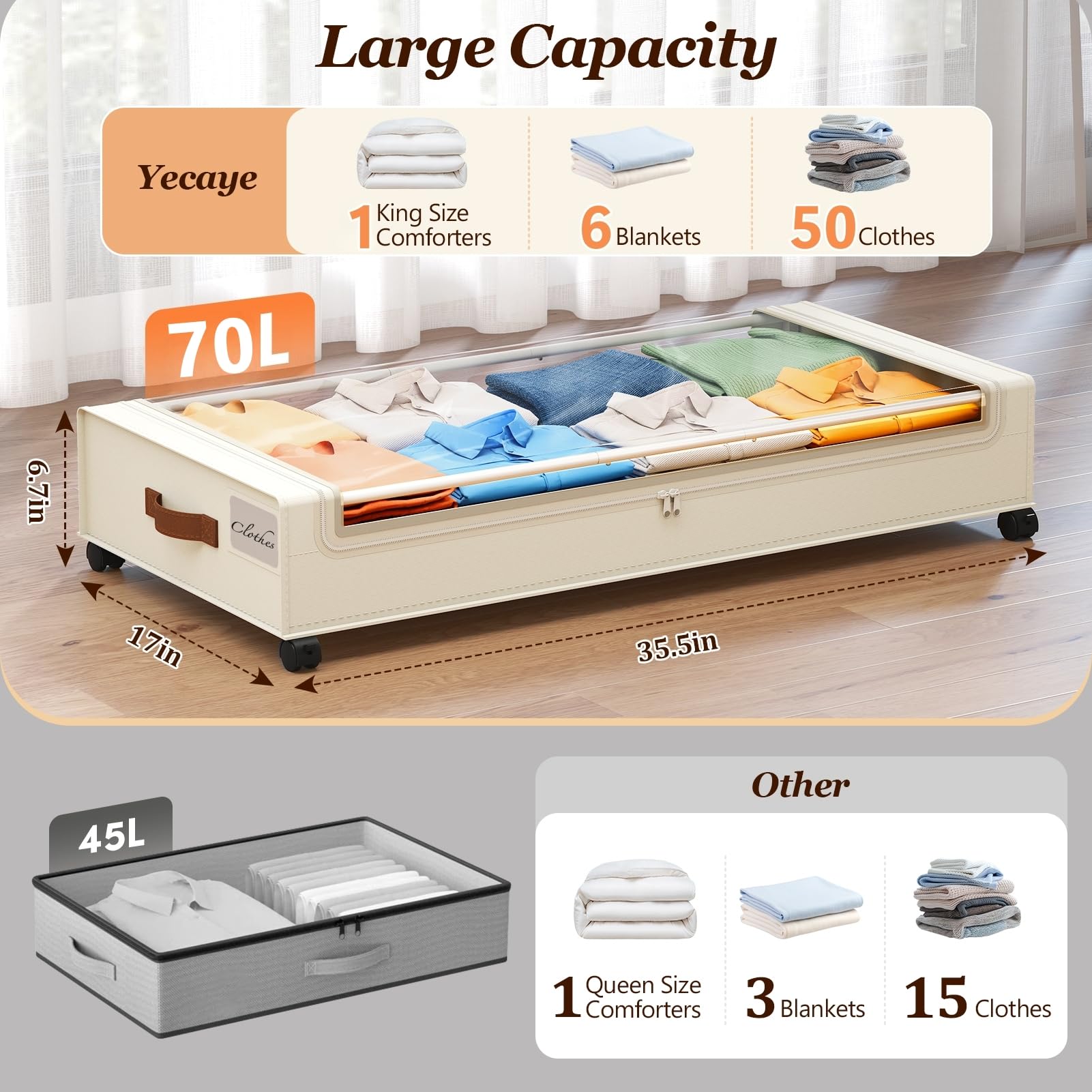 Yecaye under-bed storage wheels closed drawer tilt for compact storage