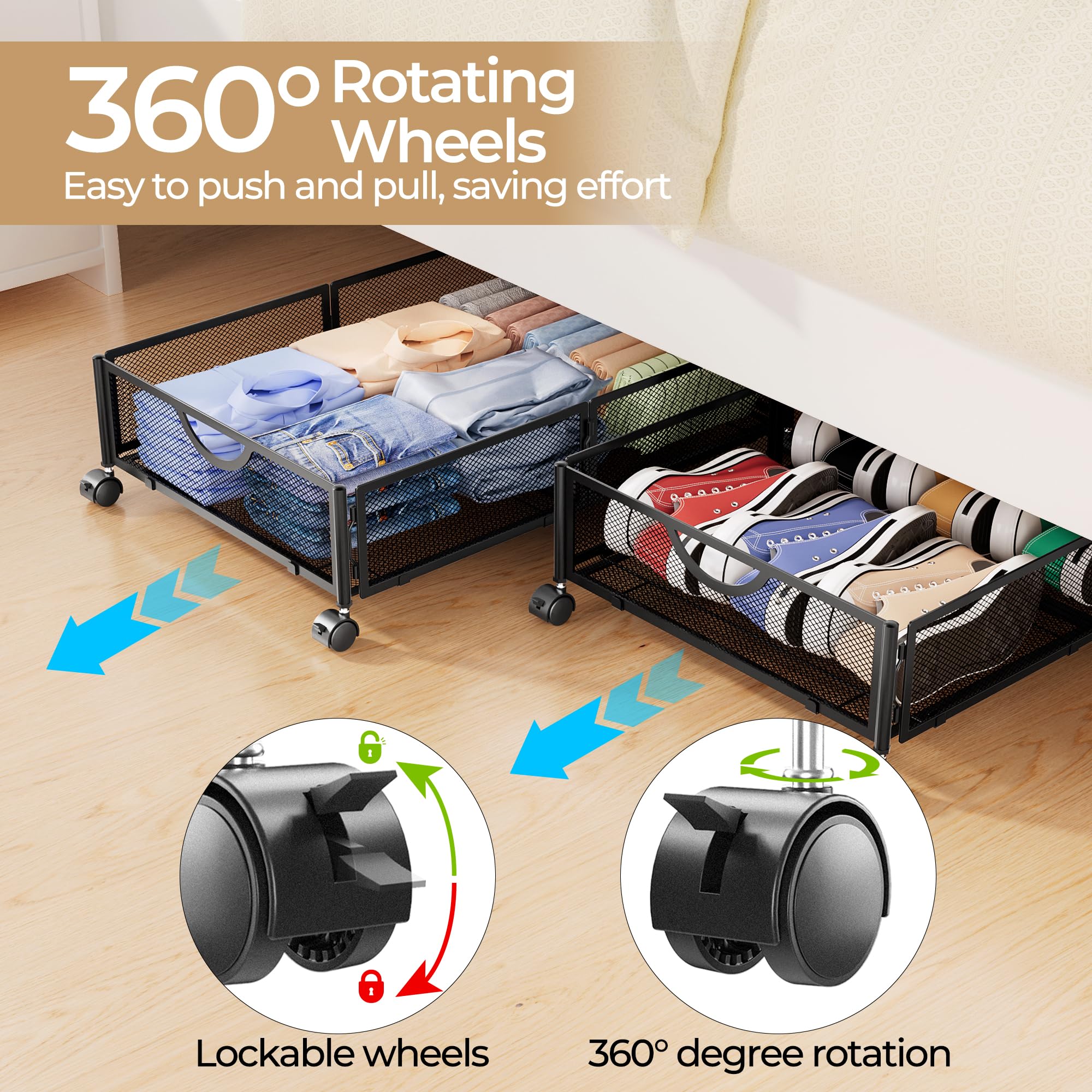 Yecaye under-bed storage with wheels, front view with drawer open for quick shoe access.