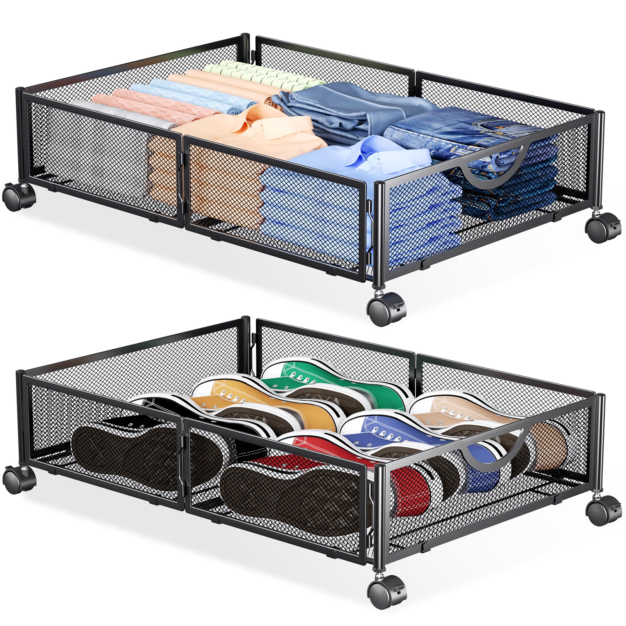 Yecaye under-bed storage with wheels, front view showing smooth-glide wheels for easy access.