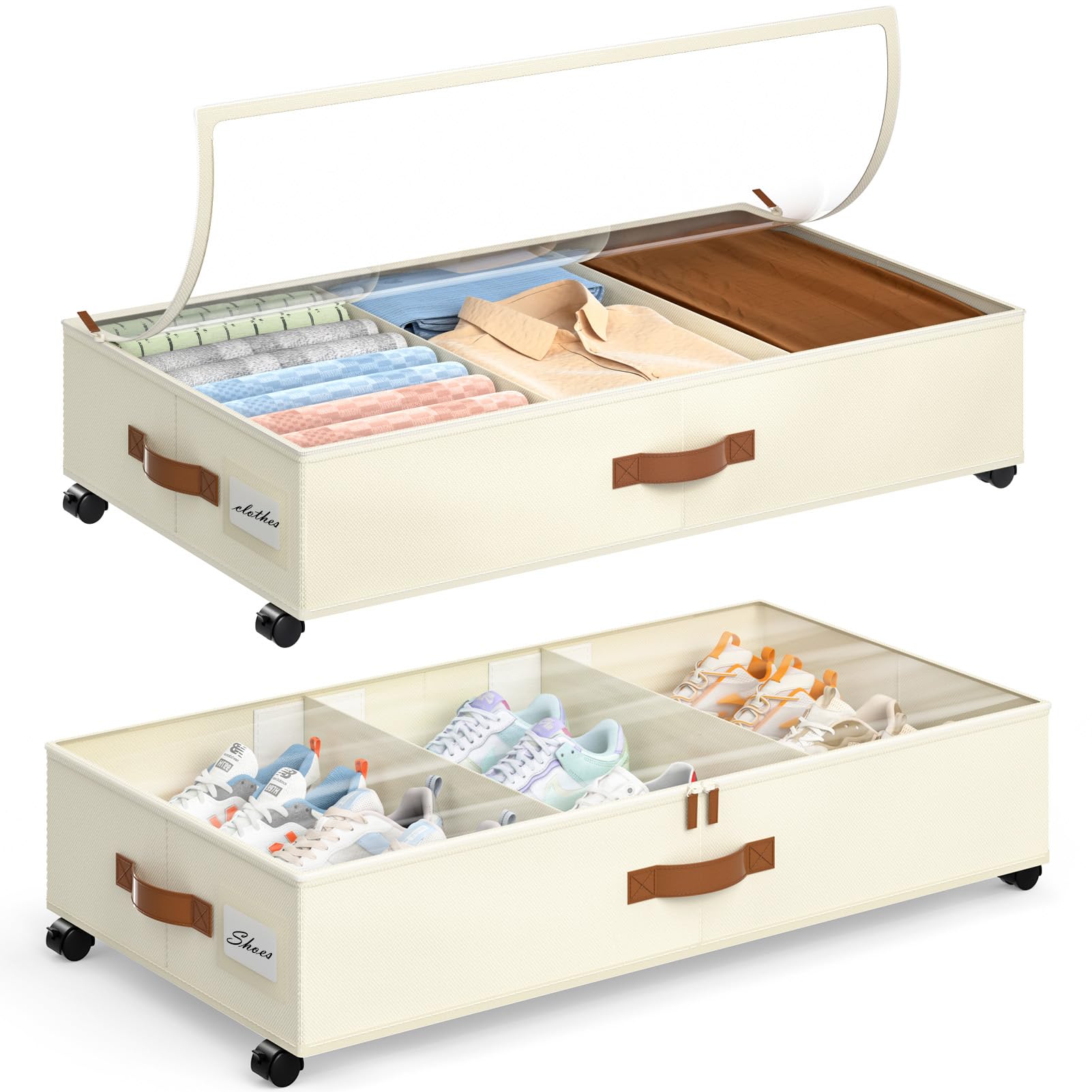 Yecaye under bed storage with wheels, front view, keeps items organized and accessible.