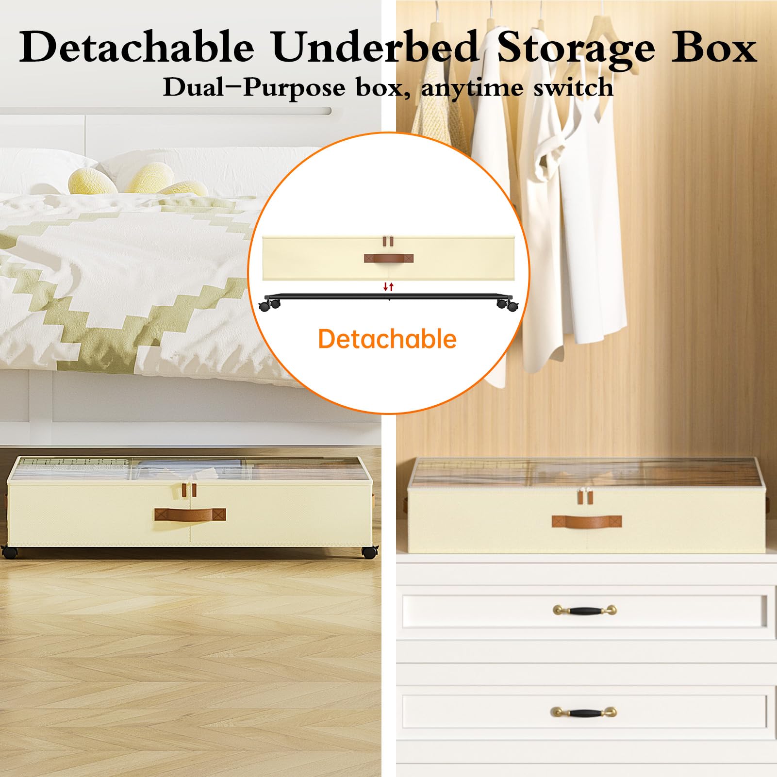 Yecaye under bed storage with wheels, removable frame view, shows flexible placement options.