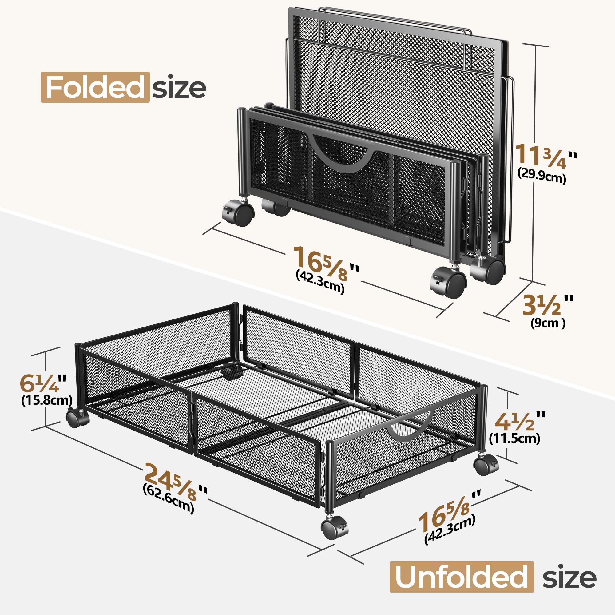 Yecaye under-bed storage on wheels, side view with lockable wheels for security.