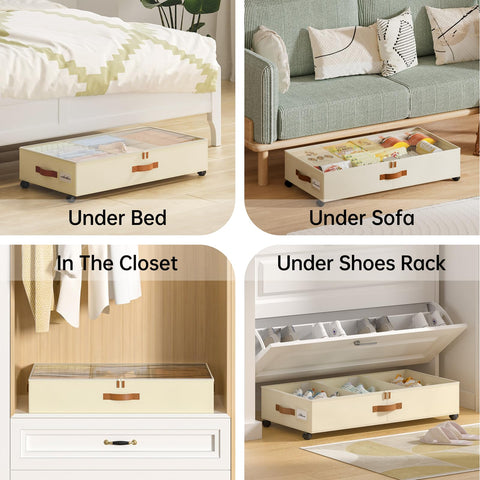 Yecaye under bed storage with wheels, transparent lid view, saves time locating blankets or shoes.