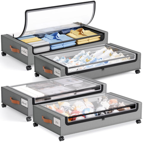 Yecaye under-bed storage with wheels and lid keeps items easily accessible.