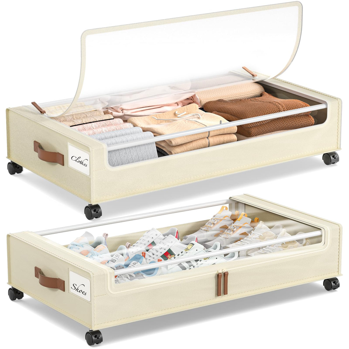 Yecaye under bed storage with wheels: sturdy rolling bin for clothes and shoes.