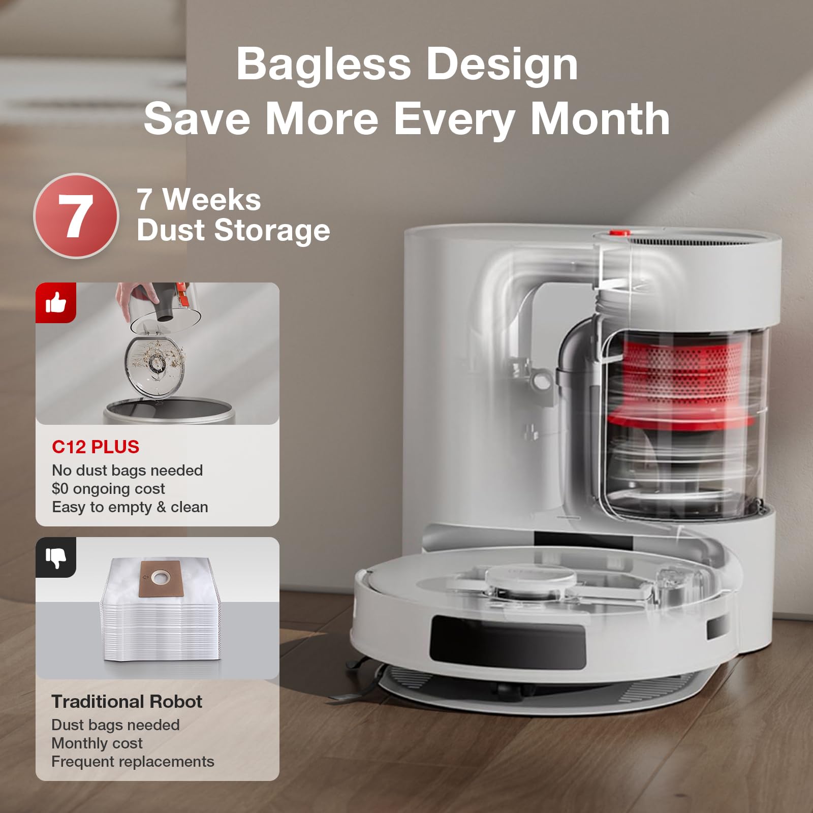 Yeedi C12 Plus dustbin close-up emphasizes reusable bin and eco-friendly maintenance.