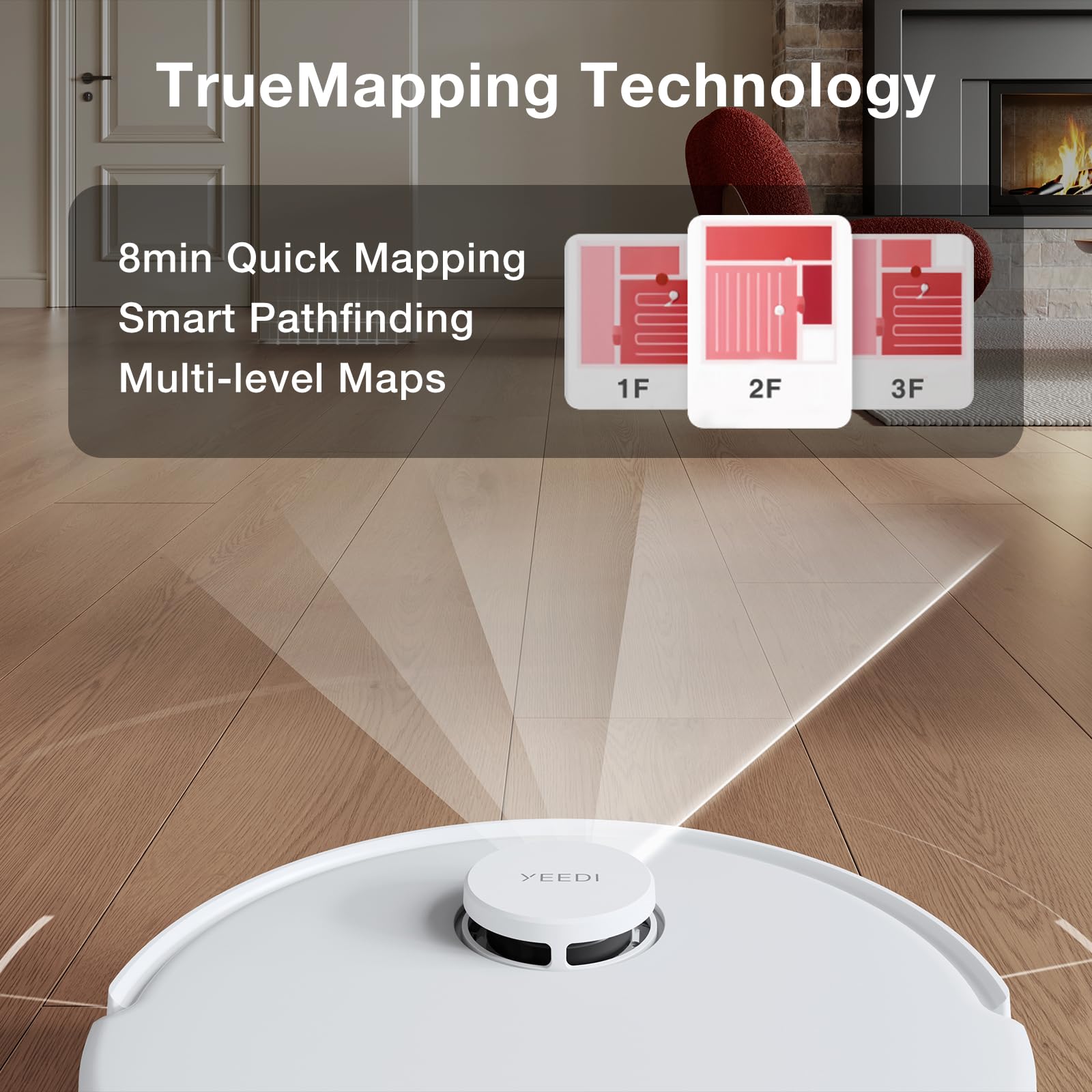 Yeedi C12 Plus obstacle sensors image underlines safe navigation and 20mm crossable obstacles.