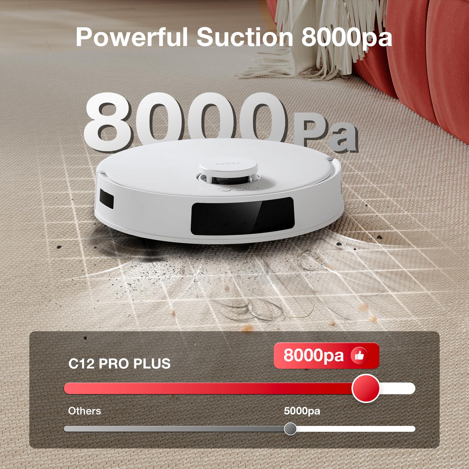 Yeedi C12 Plus PureCyclone technology graphic explains rapid dust separation and low waste.