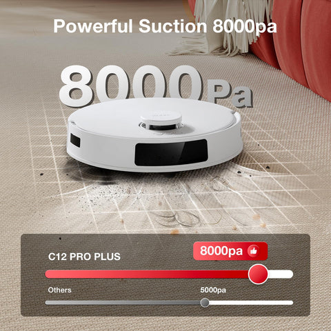 Yeedi C12 Plus PureCyclone technology graphic explains rapid dust separation and low waste.