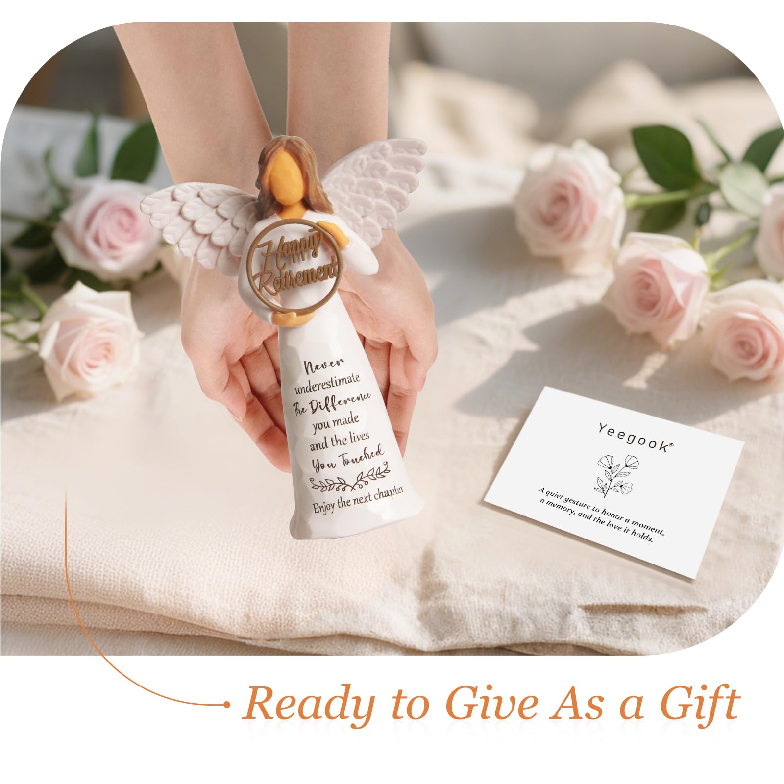 Yeegook retirement angel figurine with greeting card, ready-to-gift packaging.