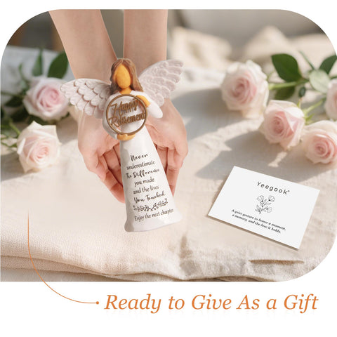 Yeegook retirement angel figurine with greeting card, ready-to-gift packaging.