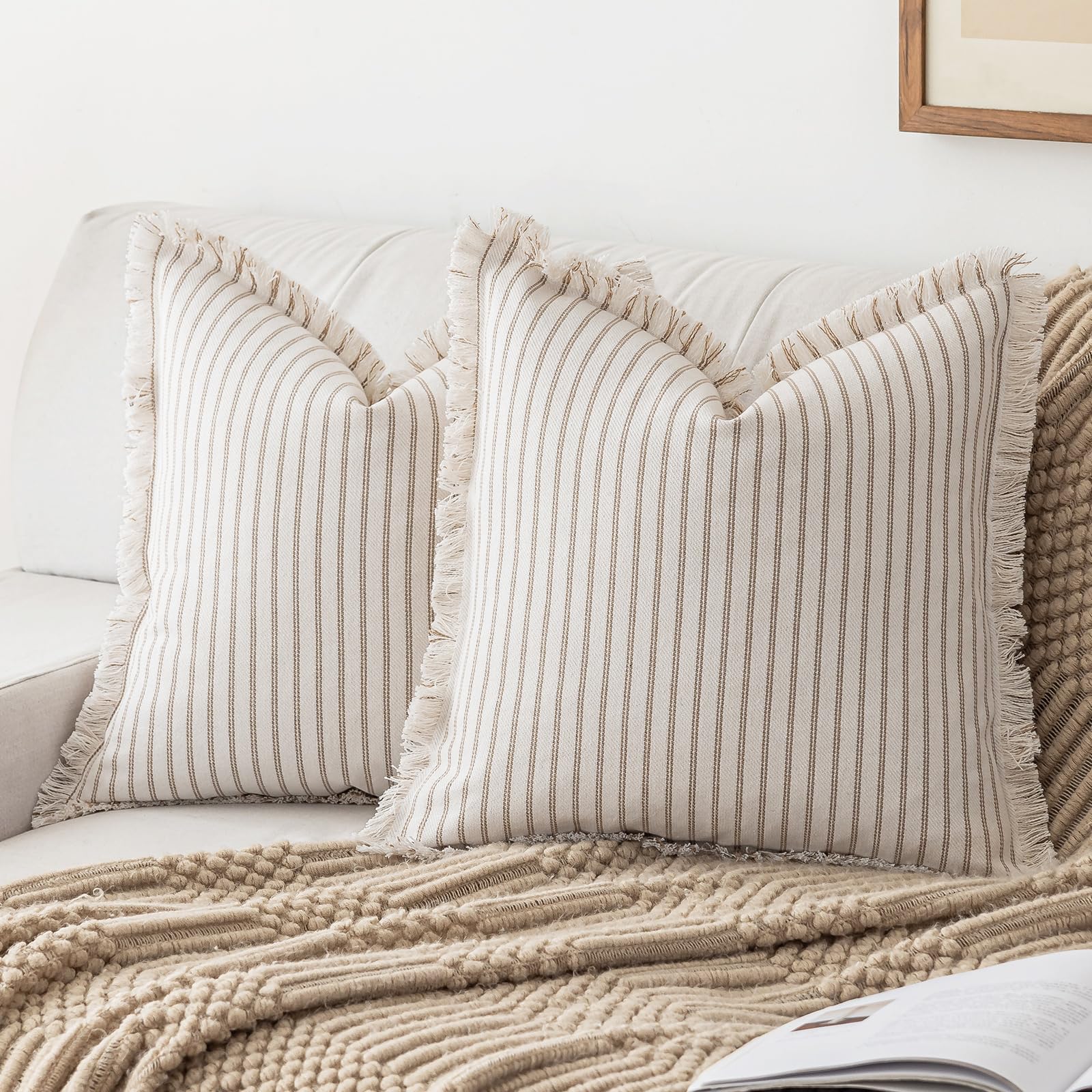 YEENAASY throw pillow covers with striped fringe add texture to your sofa