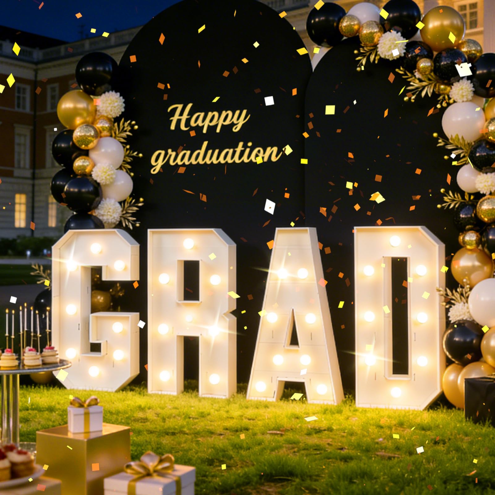 Yeenuo Grad marquee letters illuminated with LED lights for event centerpiece.