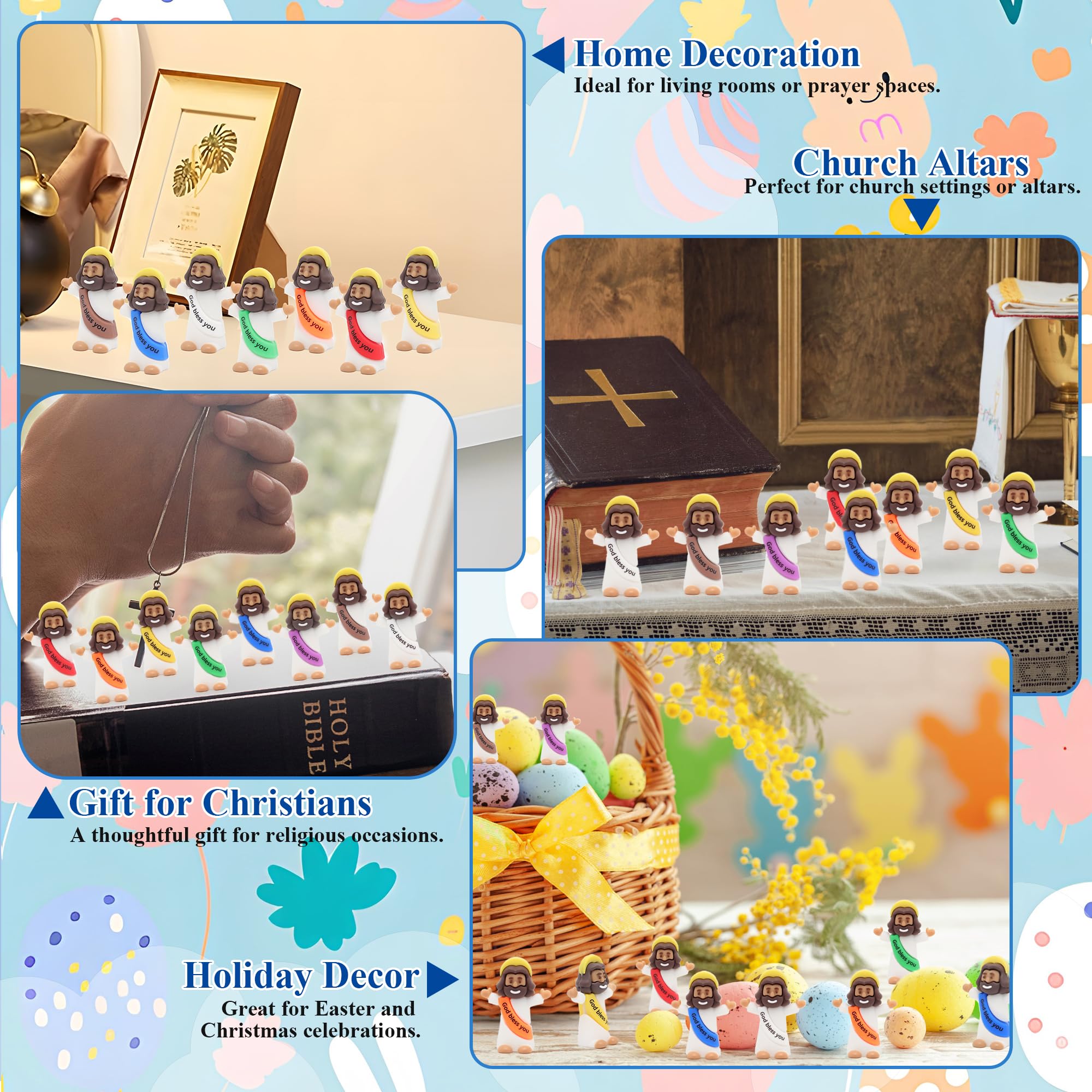 Yelakey mini Jesus figures made of durable PVC for lasting use.
