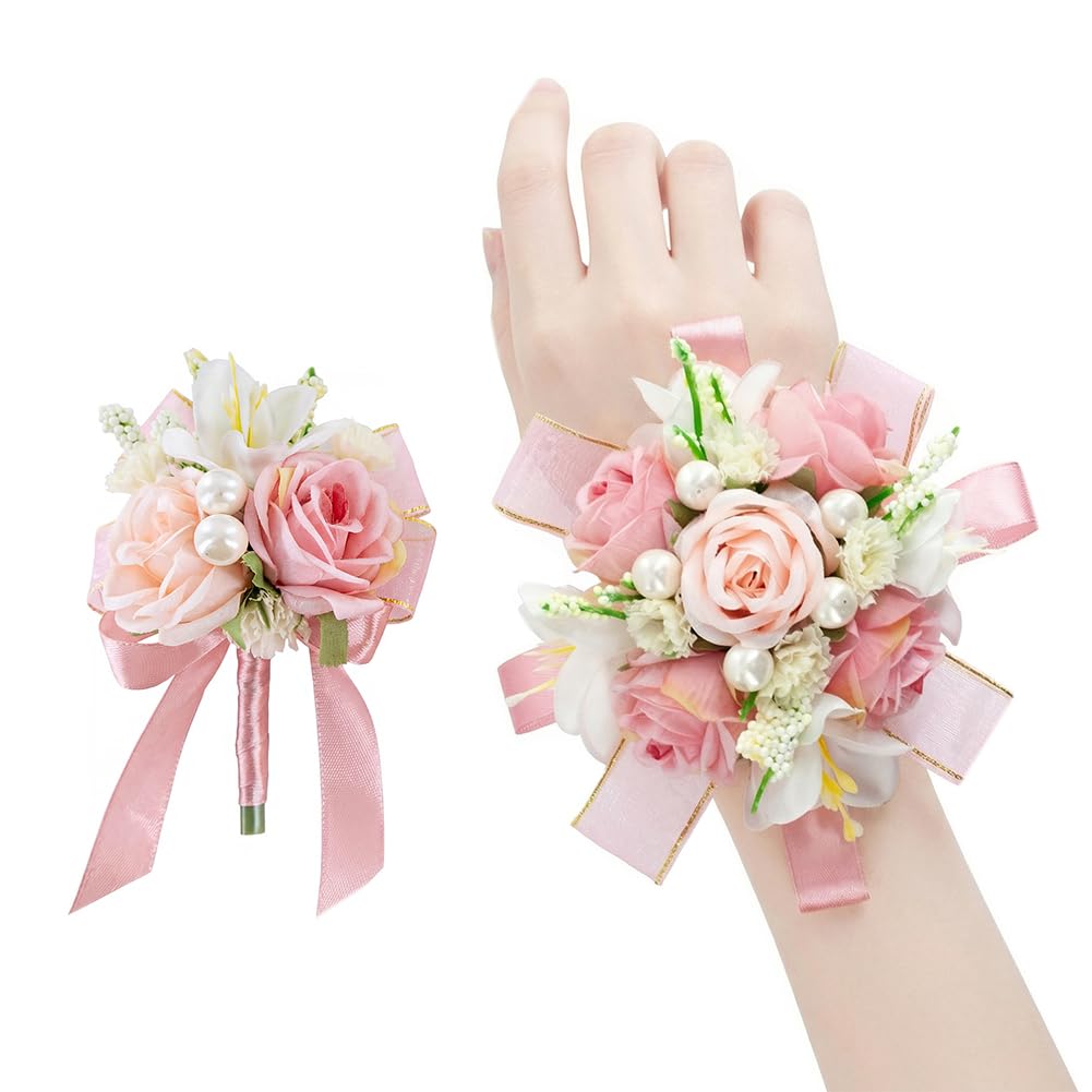 Yelinart blush pink corsage close-up showing silk roses for an elegant wedding look.