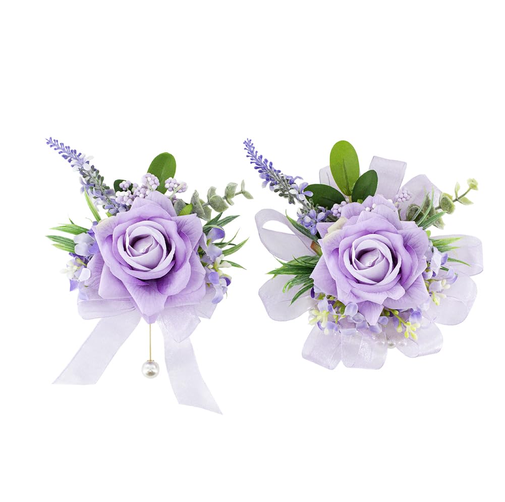 Yelinart purple corsage wristlet set with lifelike roses for weddings and proms
