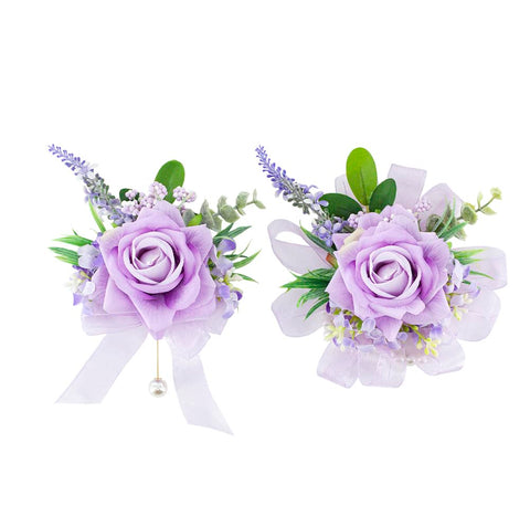 Yelinart purple corsage wristlet set with lifelike roses for weddings and proms