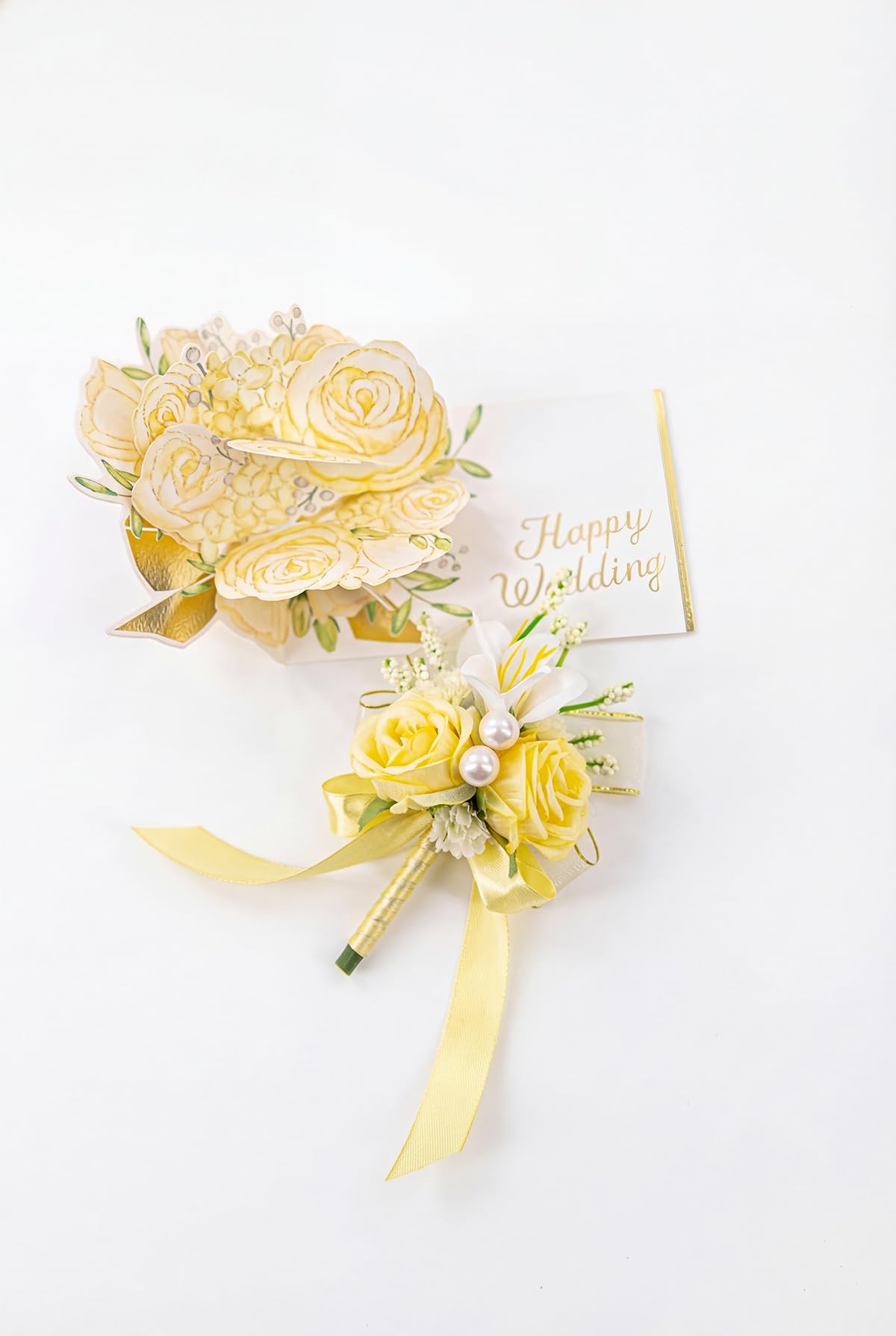 Yelinart yellow rose wrist corsage featuring wrap-style design.