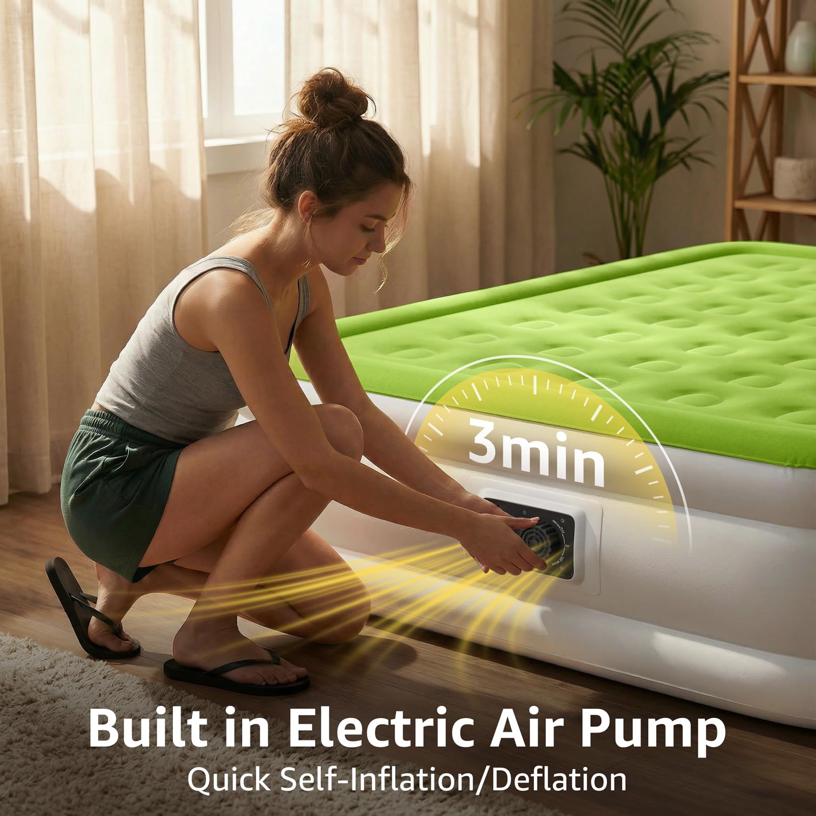 YENING air mattress height shows 18 inches for elevated sleeping comfort