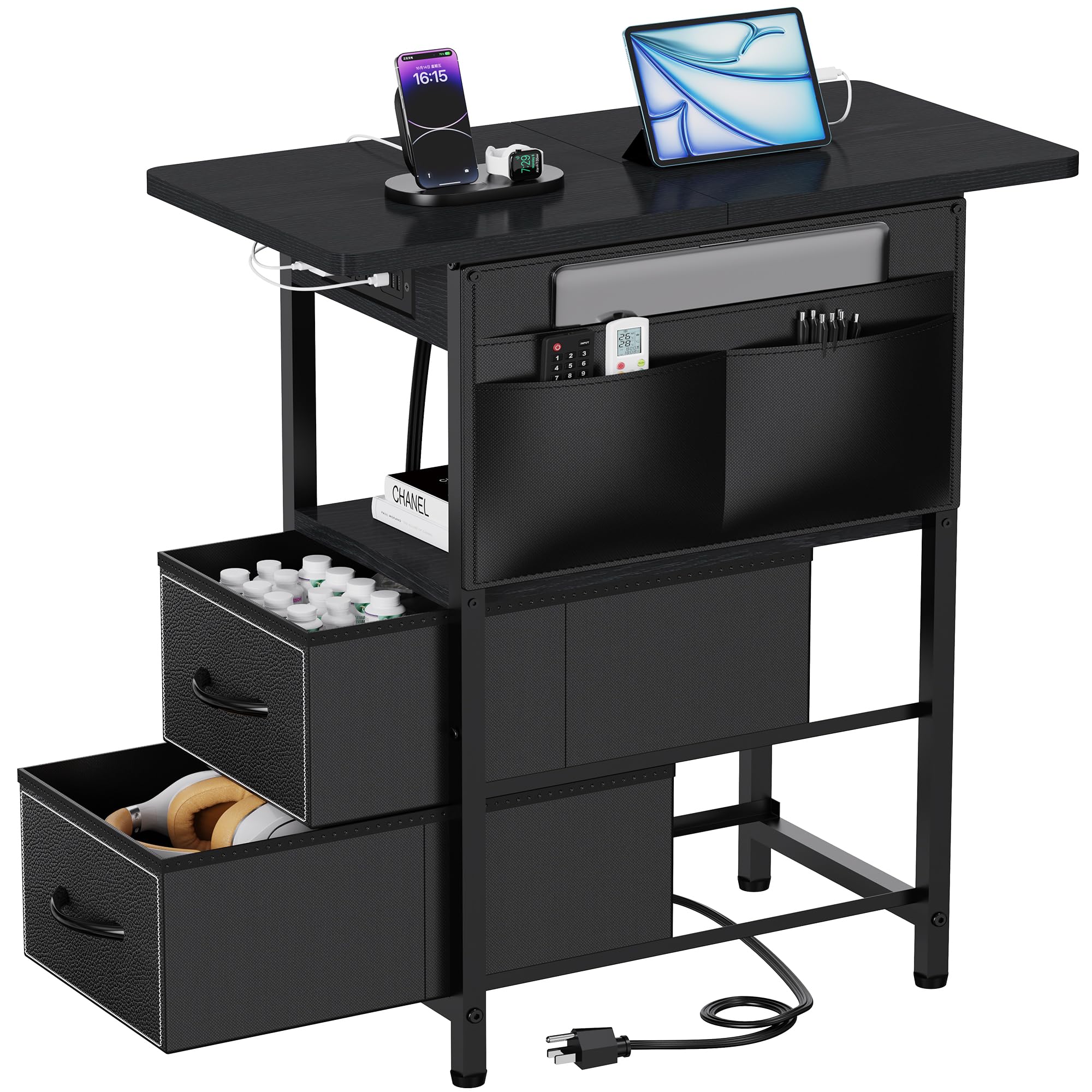 Yenlure small side table with charging station keeps devices within reach and organized.