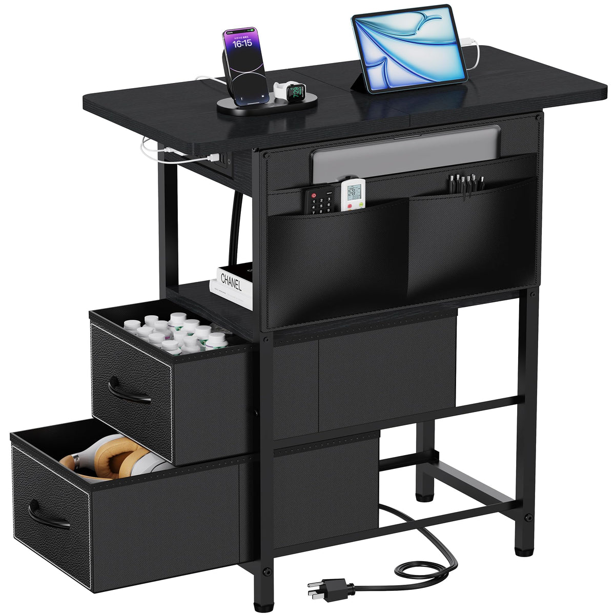 Yenlure small side table with charging station keeps devices within reach and organized.