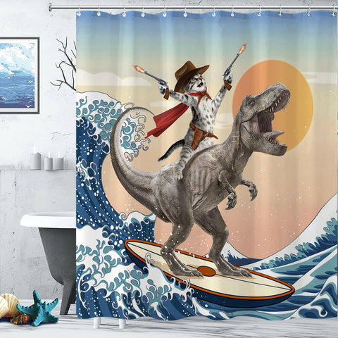 Yeoiat cat riding dinosaur wave curtain adds whimsical bathroom vibe