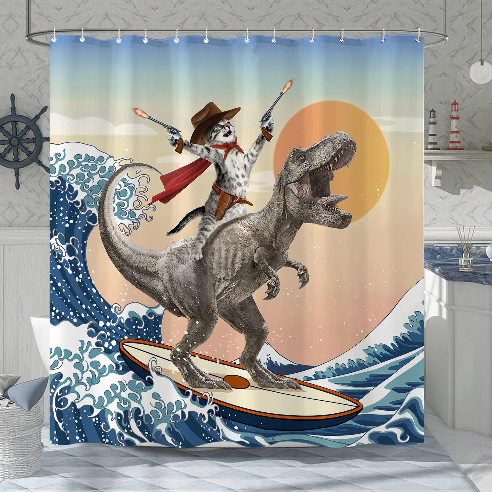 Yeoiat cute cat surfer curtain ideal for brightening small bathrooms