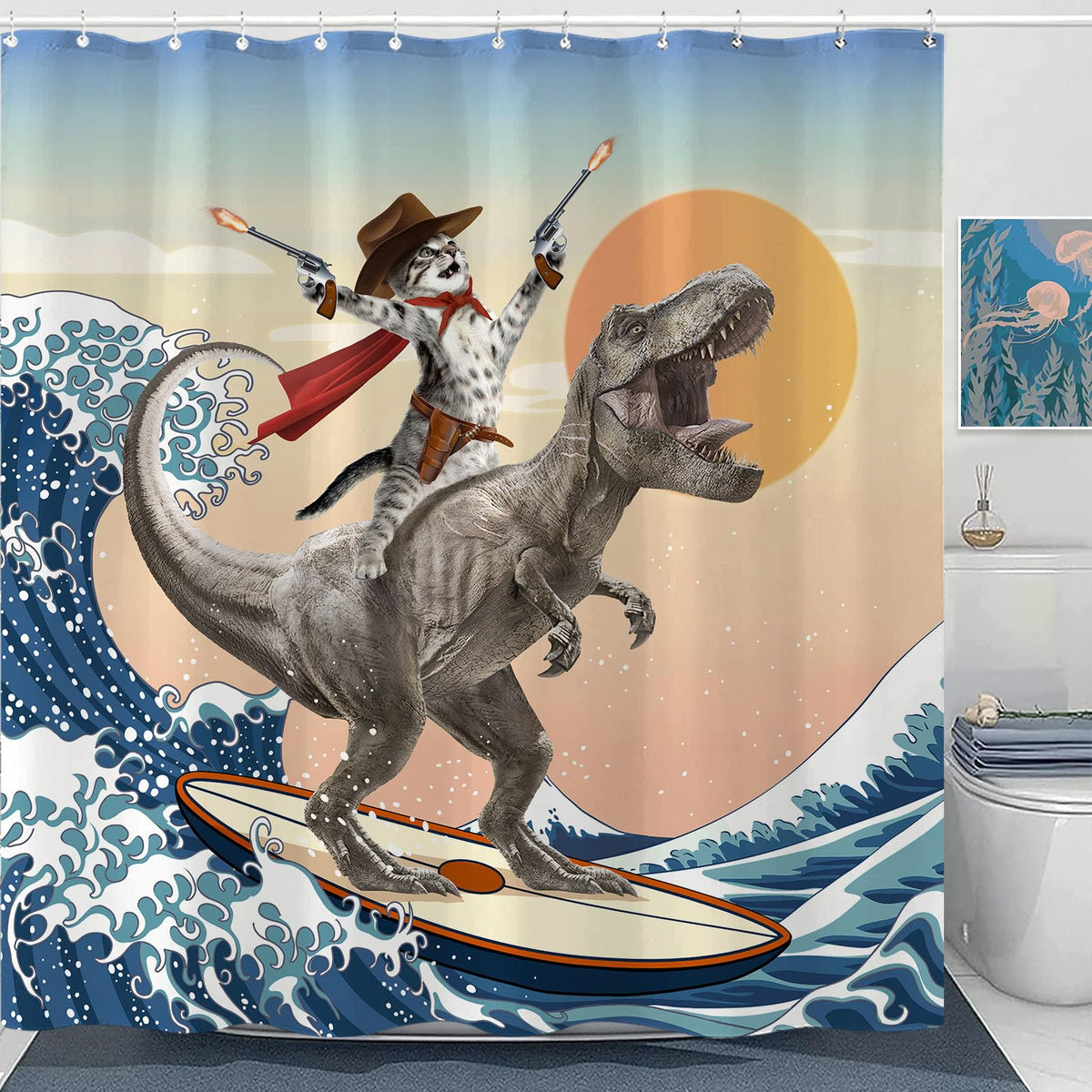 Yeoiat funny cat shower curtain with dinosaur surf design for playful bathrooms