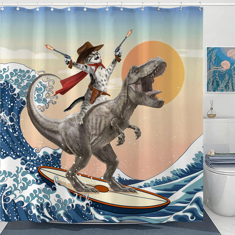 Yeoiat funny cat shower curtain with dinosaur surf design for playful bathrooms