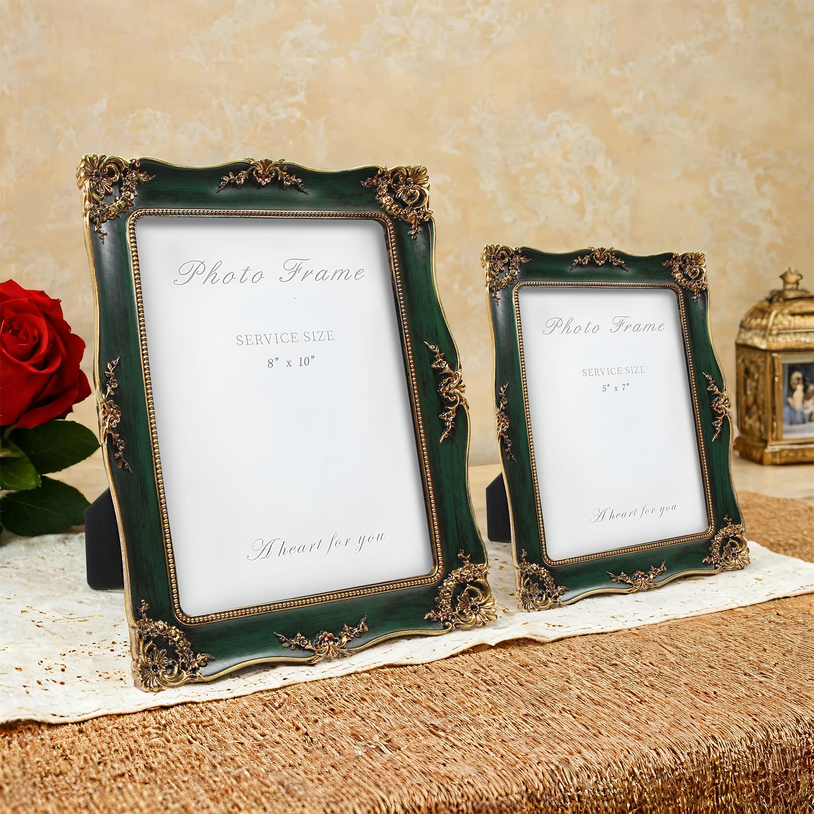 YEPOTUE vintage-frame detail showcases gold floral accents and green finish for timeless decor.