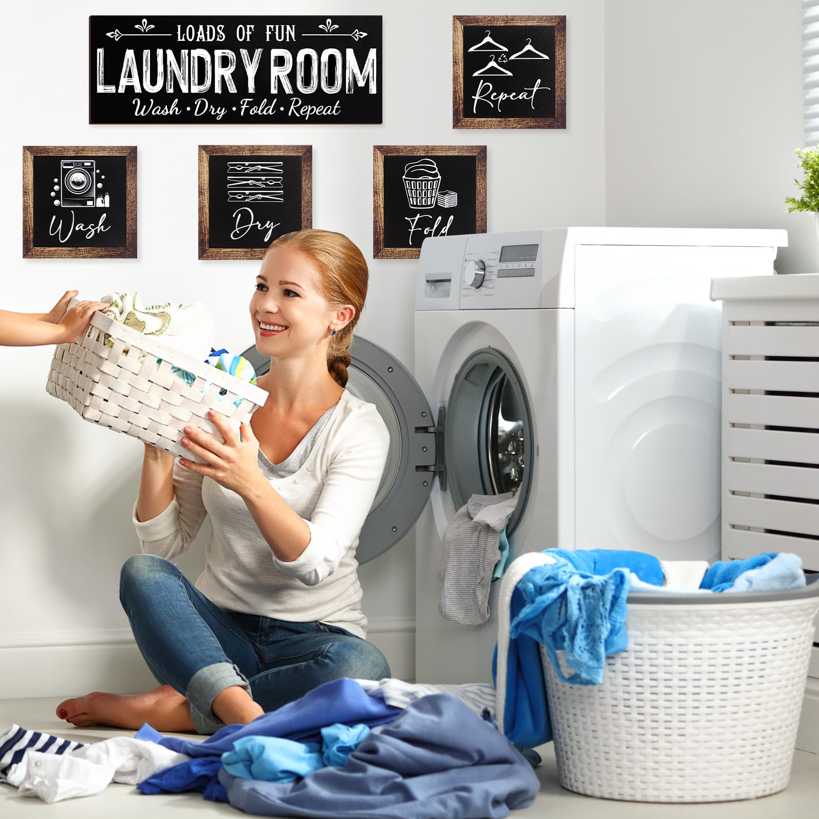 Yerliker black finish laundry signs add bold contrast.