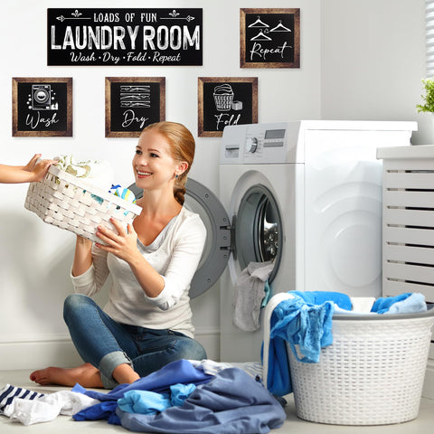 Yerliker black finish laundry signs add bold contrast.