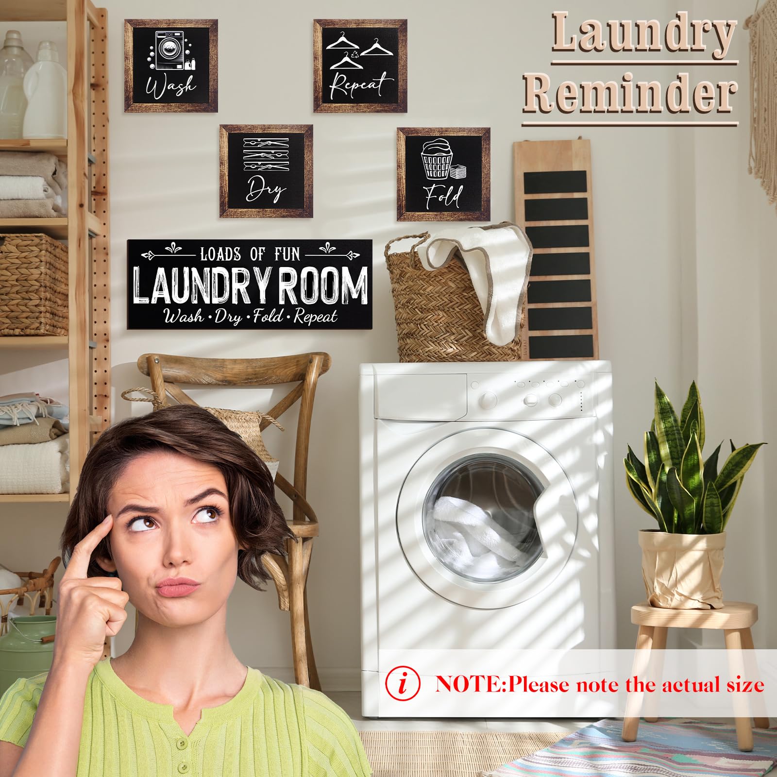 Yerliker repeat sign wooden decor creates orderly laundry ambiance.
