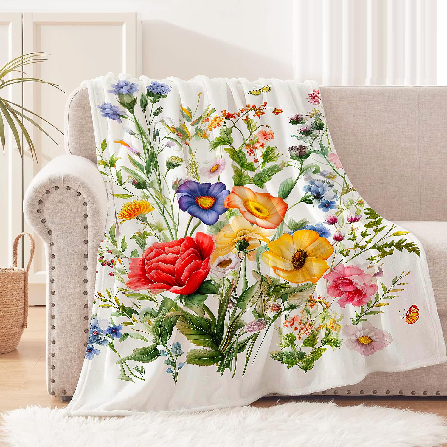 Yersion blanket butterfly wildflowers showcases vibrant colors for couch or bed decor.