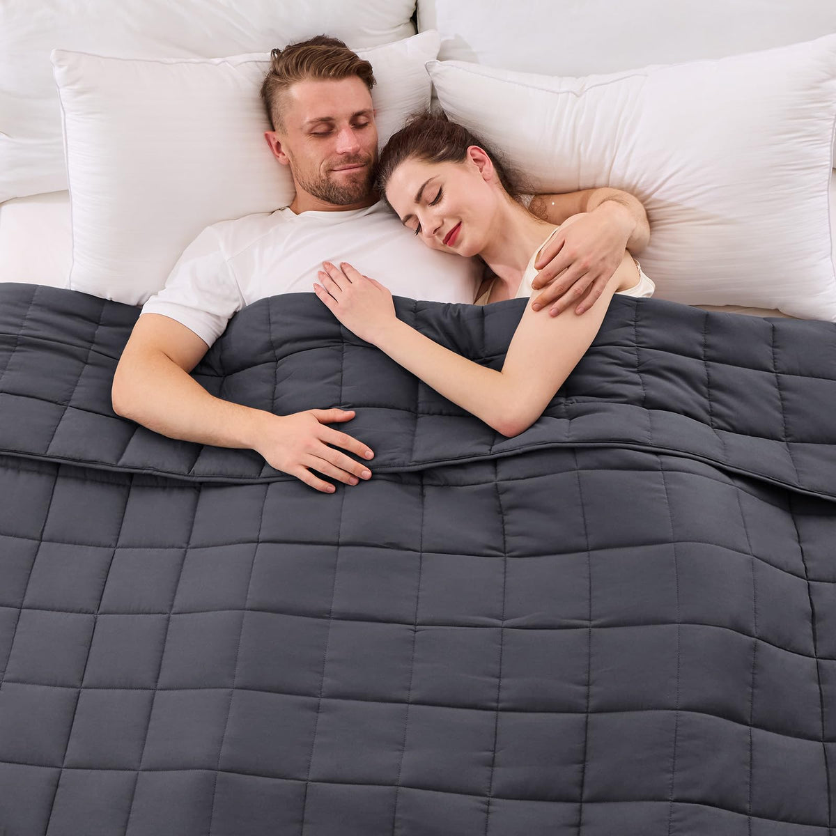 YesCool King-Size Weighted Blanket on bed for couples, breathable comfort.