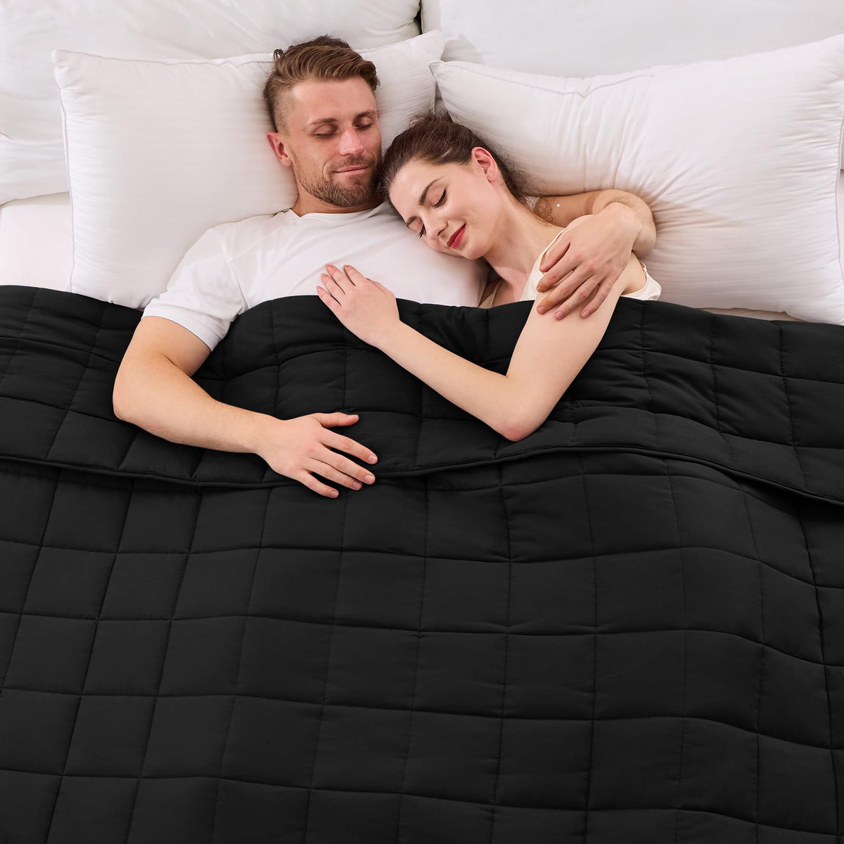 YesCool king-size weighted blanket on bed for shared sleep and even warmth.