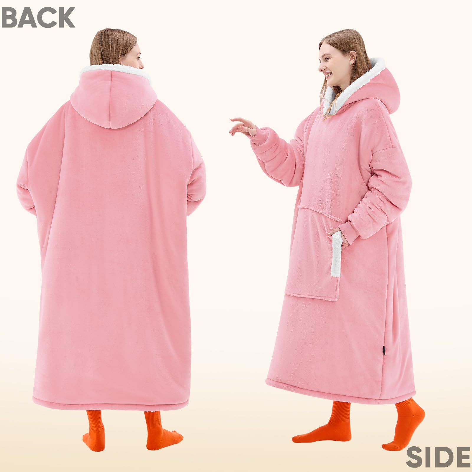Yescool pink sherpa hoodie showing long knee-length coverage