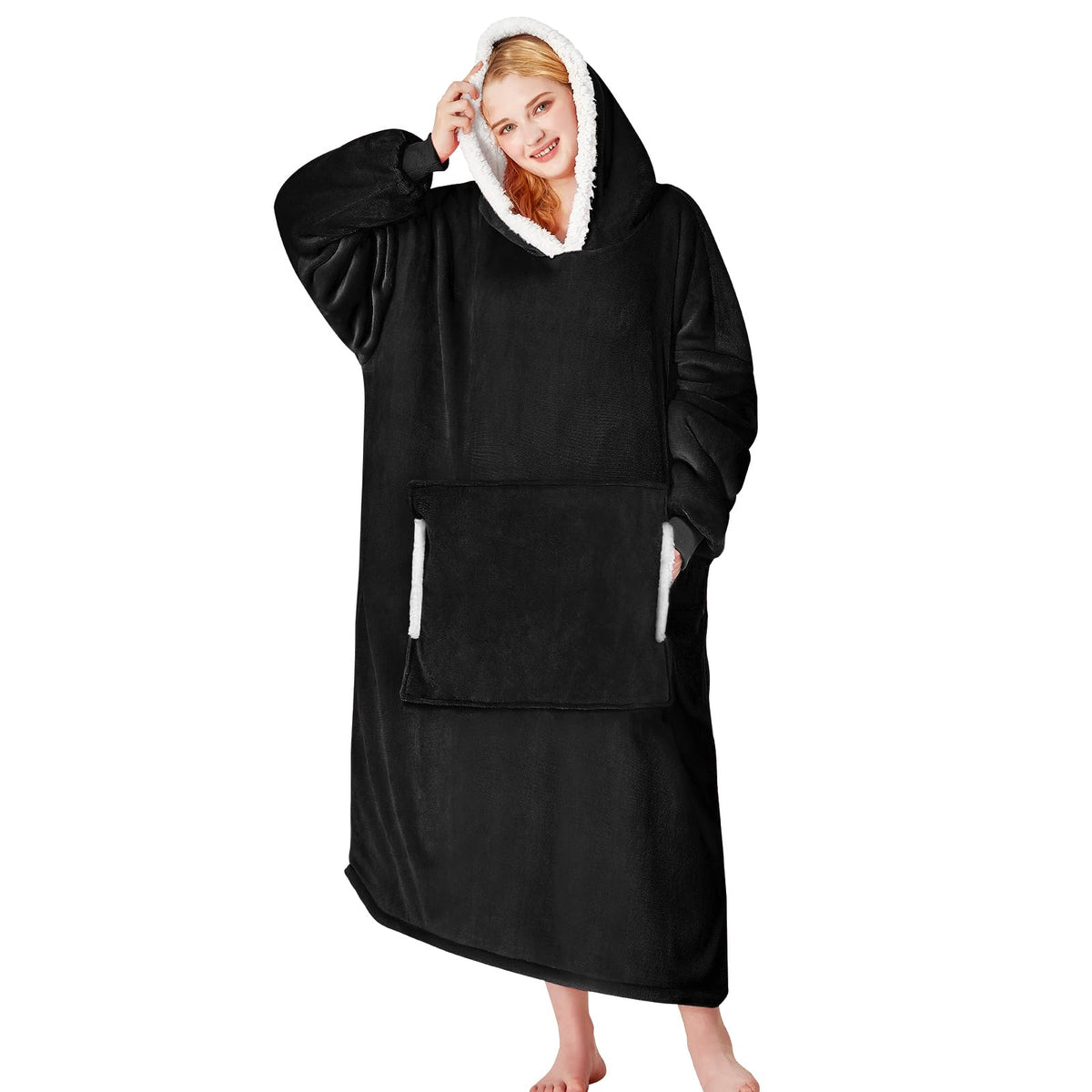 Yescool wearable blanket hoodie in black, front view, cozy warmth for chilly mornings.
